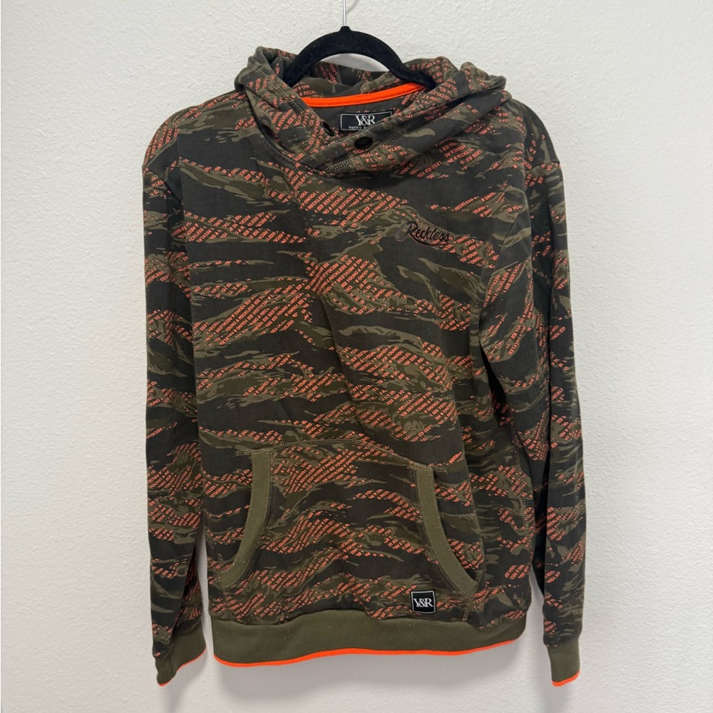 Young & Reckless Olive and Orange Patterned Hoodie Size Large